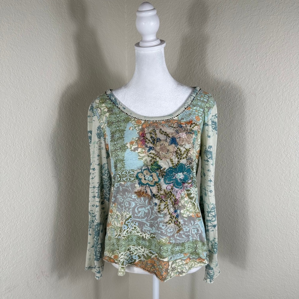 Sundance Embroidered Floral Top Womens XS Green Blue Boho Beaded Long Sleeve